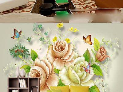 歐式手繪花朵電視背景墻畫壁紙素材